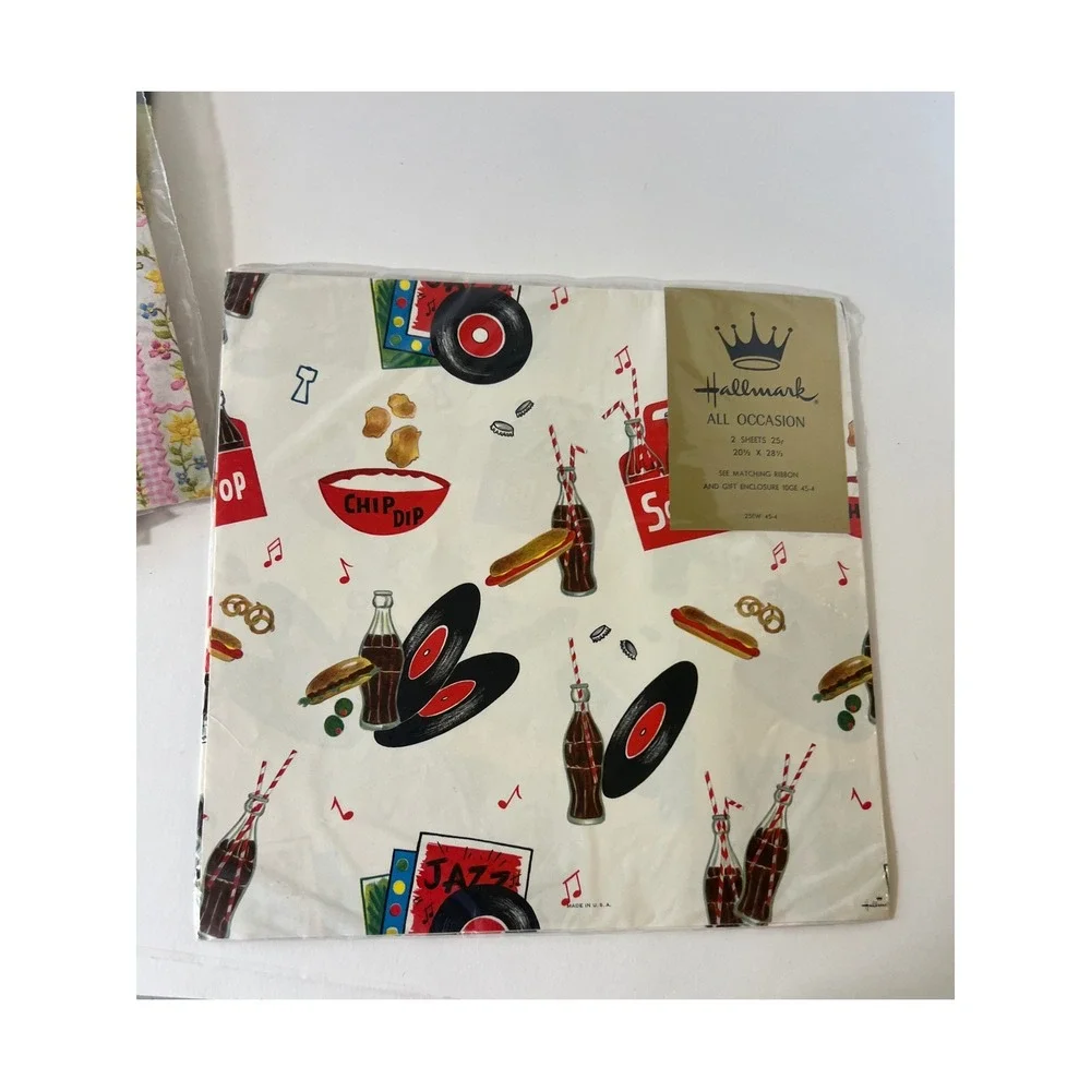 Vintage Hallmark Gift Wrap 2 Sheets Soda Shop Diner Records 50s Style 20x28 NEW